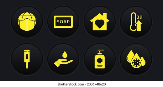 Set Medical thermometer, High human body temperature, Washing hands with soap, Liquid antibacterial, House heart inside, Bar of, Blood test virus and Earth medical mask icon. Vector
