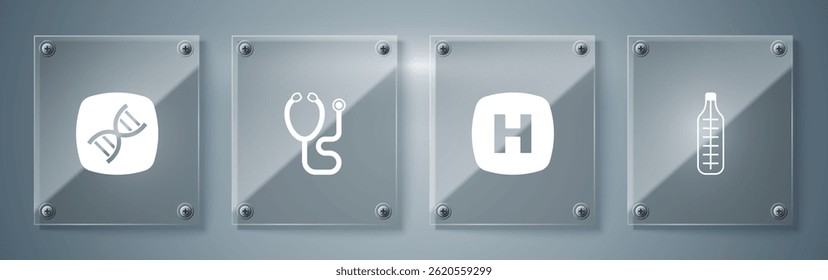 Definir termômetro médico, placa do hospital, estetoscópio e símbolo de DNA. Painéis de vidro quadrados. Vetor