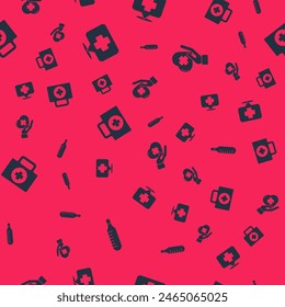 Set Medical thermometer, Map pointer with cross hospital, First aid kit and Heart on seamless pattern. Vector