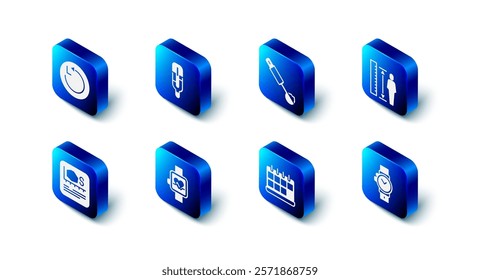 Set Medical thermometer, Measuring spoon, height body, Wrist watch, Calendar, Smart, Area measurement and Radius icon. Vector
