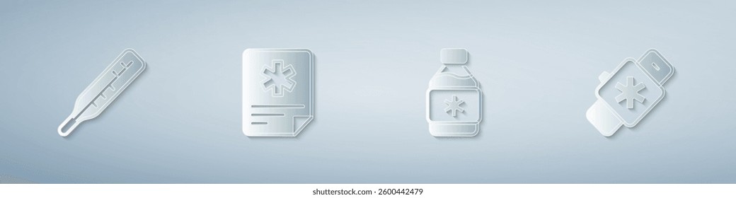 Set Medical thermometer, Patient record, Bottle of medicine syrup and Smart watch with heart. Paper art style. Vector