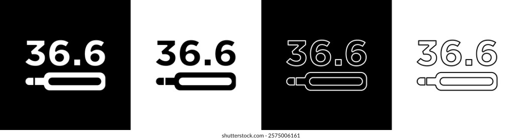 Set Medical thermometer showing normal temperature icon isolated on black and white background.  Vector