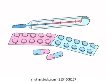 Set of medical thermometer, tablets and capsules. Vector illustration, background isolated.	