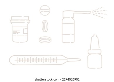 Set of medical thermometer tablets and capsules vector illustration on white background outline style