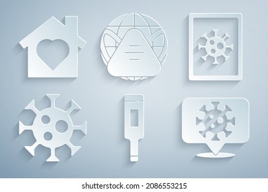 Set Medical thermometer, Virus statistics on monitor, Corona virus location, Earth with medical mask and House heart inside icon. Vector