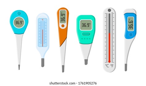 Set of medical thermometers for hospital during coronavirus. A set of tools for measuring the heat of the human body in a flat style. Electronic thermometer, measuring temperature environment. Vector.