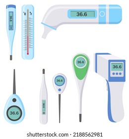 Set of medical thermometers for hospital during coronavirus. Electronic thermometers, infrared, liquid, measuring body temperature, food, environment. Health and diseases concept. Vector illustration.
