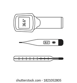 A set of medical thermometers for measuring body temperature in the style of an outline illustration. Black and white image.