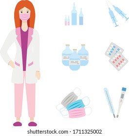 Set of medical things on the white background. A doctor, syringes, ampules, tablets, bottles, thermometers and masks
