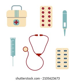 Set of medical tools in a flat style.