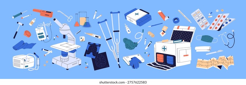 Set of medical tools. Items of first aid kit. Supplies for ambulance and hospital- different pills and remedies, bandages, surgical instruments, thermometer, mask. Flat isolated vector illustrations