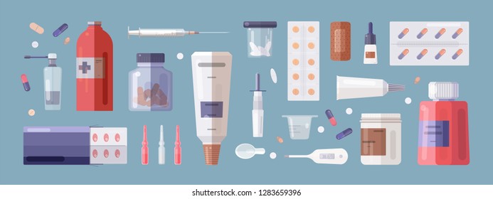 Set of medical tools and medicines isolated on white background - pills in blisters and jars, syringe, thermometer, patch, nasal spray, mixture, ointment in tube. Flat cartoon vector illustration.