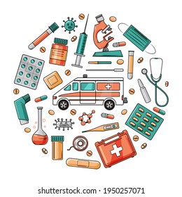 A set of medical tools on a white background. Vector cartoon illustration.