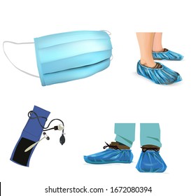 set of medical tools Sphygmomanometer shoe covers, medical mask, vector