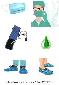 set of medical tools Sphygmomanometer shoe covers, medical mask, vector