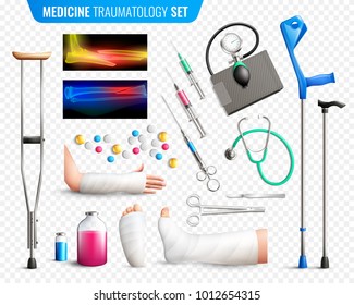 Set of medical tools, x-ray with bones fracture, traumas of limbs, transparent background isolated vector illustration 