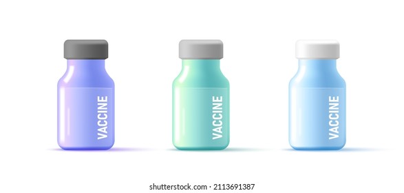 Conjunto de botellas de vacuna médica, 3 d estilo de presentación moderno en diferentes colores, aislado, covid 19 protección