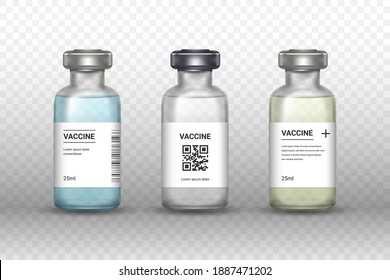 Conjunto de frascos de vacuna médica en un fondo transparente. Vacuna de recolección: vidrio transparente. Protección del coronavirus y la infección. Ilustración vectorial 3d realista.