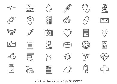 Set medizinischer Vektorsymbole. Schlaganfall, Umriss, Zeilensymbole, Zeichen und Symbole in der flachen linearen Design-Medizin und Gesundheitsfürsorge mit Elementen für mobile Konzepte und Web-Apps. Kollektion Modern Infografik 
