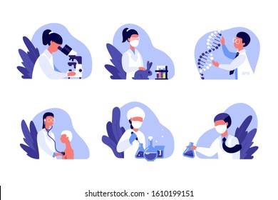 Set of medical vector illustrations. Scenes with doctors and scientists. Laboratory, microscope and beakers, DNA research, therapist listens to the patient's heart with a stethoscope, animal testing