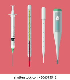 Set of medical vector instruments, digital thermometer, syringe, pipette