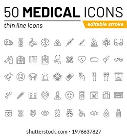 Set of Medical vector thin line icons isolated on white. High quality pixel perfect icon collection suitable for mobile and web projects. Editable stroke.