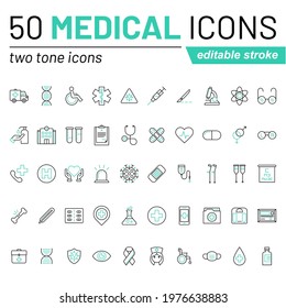 Set Of Medical Vector Two Tone Line Icons Isolated On White. High Quality Pixel Perfect Icon Collection Suitable For Mobile And Web Projects. Editable Stroke.