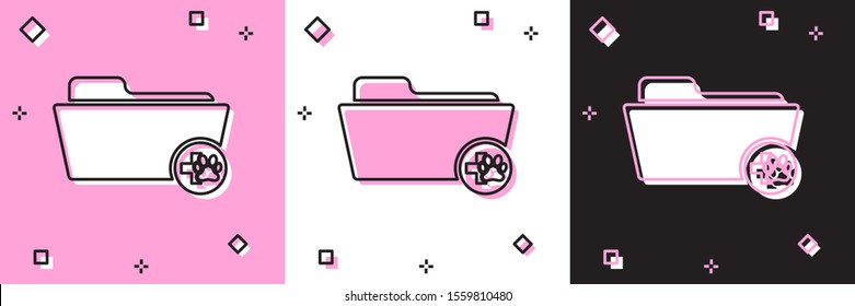 Set Medical veterinary record folder icon isolated on pink and white, black background. Dog or cat paw print. Document for pet. Patient file icon.  Vector Illustration