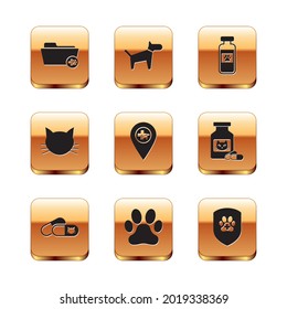 Set Medical veterinary record folder, Cat and pills, Paw print, Location,  and Pets vial medical icon. Vector