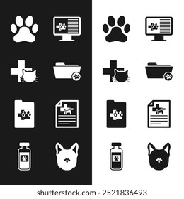 Set Medical veterinary record folder, Veterinary clinic, Paw print, Clinical pet on monitor,  and certificate for dog cat icon. Vector