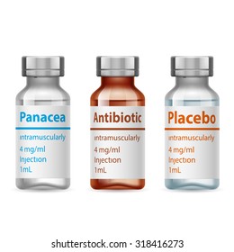 Set of medical vials placebo, antibiotic and panacea