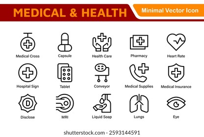 Set of Medical web icons in line style. Medicine and Health Care, RX. Medicine, check up, doctor, dentistry, pharmacy, lab, scientific discovery, collection.