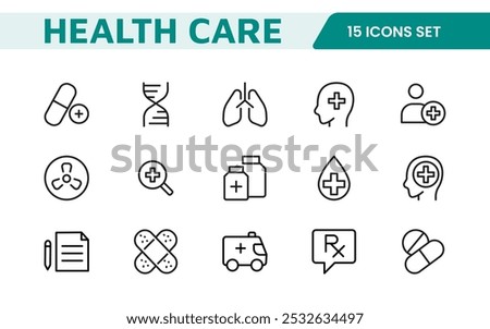 Set of Medical web icons in line style. Medicine and Health Care, RX. Medicine, check up, doctor, dentistry, pharmacy, lab, scientific discovery, collection.