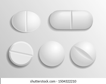 Set of medical white pills. Flat and convex tablets in 3D style with shadow are isolated on gradient background. Top view. Realistic vector illustration