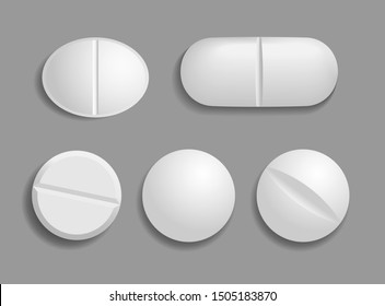 Set of medical white tablets. Flat and convex pills in 3D style with shadow are isolated on gray background. Top view. Realistic vector illustration