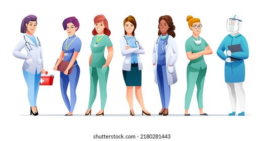 Set of medical women doctor and nurse cartoon characters