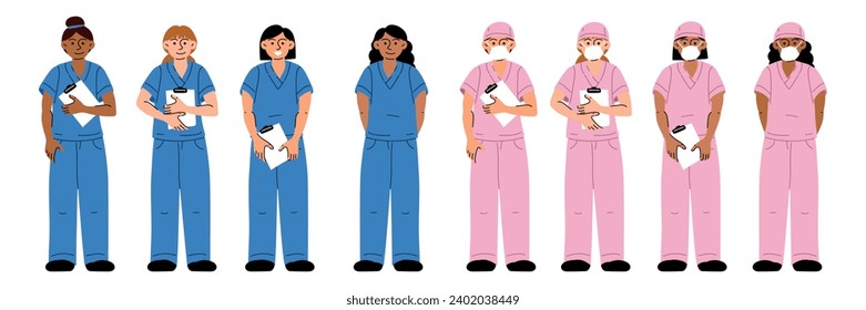 A set of medical workers in blue and pink uniforms, with documents, and wearing a medical mask. Nurses, a doctor. Medical uniform. A collection of various nurses in uniform, with and without documents