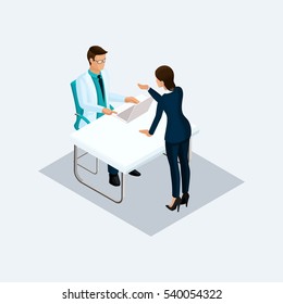 Set of medical workers and customers isometric communicate at the table, a reception at the doctor isolated on a light background.