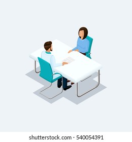 Set of medical workers isometric communicate at the table, a reception at the doctor isolated on a light background. Vector illustration.