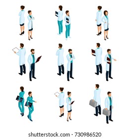 Set of medical workers in the isometric front and back, hospital staff, doctor, surgeon, nurse.