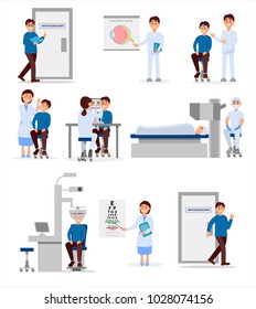 Set with medical workers of ophthalmic hospital and patients in different situations. Professionals at work. Healthcare and treatment concept. Flat vector illustration