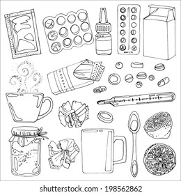 Set medicament cold in black and white sketch vector