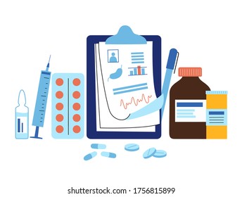 Set of medicament and medical object with stethoscope, prescription and syringe on the white background for clinic and hospital. Patients profile with information and graphic. Flat vector illustration
