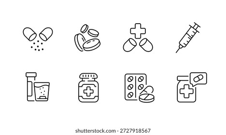 Conjunto de iconos de medicamentos con píldoras, jeringa y botellas médicas