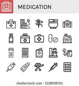 Set of medication icons. Such as Hospital, First aid kit, Needle, Mortar, Drug container, Drug, Pills, Vaccination, Test tube, Drugs, Vaccine, Ointment, Stretcher , medication icons