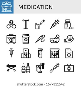 Set of medication icons. Such as Pharmacy, Drugs, Iv pole, Vaccine, Syringe, Medicine, First aid kit, Needle, Mortar, Hospital, Prescription, Stretcher, Test tube , medication icons