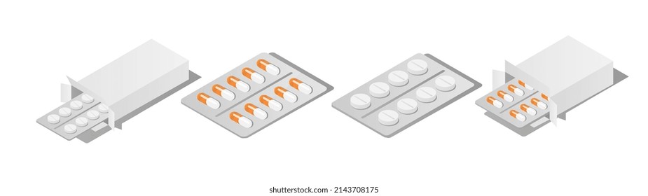 Set of medications. Collection of pills in package. Fever drugs, pharmaceuticals and treatment. Icons for medical website. Cartoon isometric vector illustrations isolated on white background