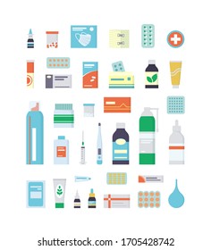 Set of medications, drugs, pills and bottles for first aid kit and medical cabinet. Isolated vector illustration in flat style on white background