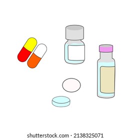 A set of medications: pills, bottles and capusle, vaccination