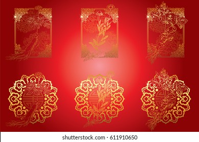 Set of medicina herbs with patterned frames: ginseng, chamomile, celandine. Vector illustration in engraving style, in red and gold.